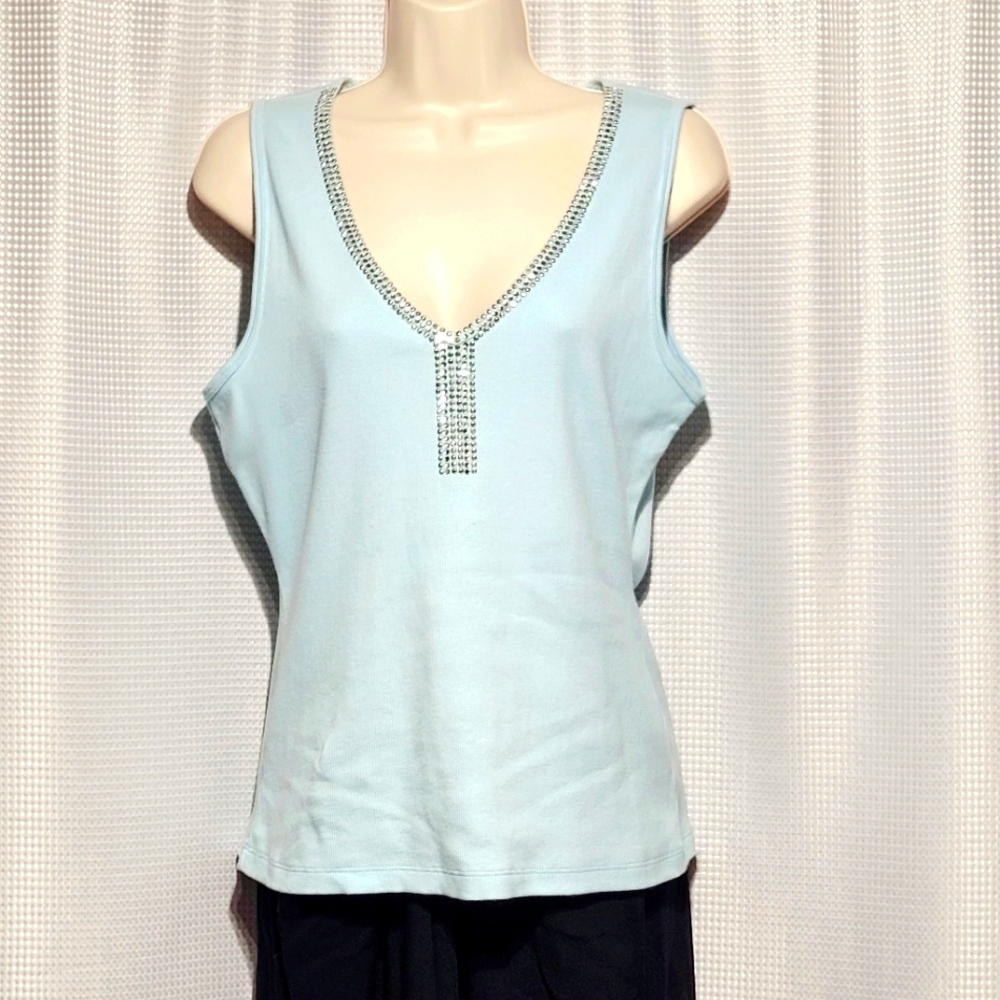 Fashion Bug Stretch Light Blue Tank with Silver Beaded V-neck (XL)